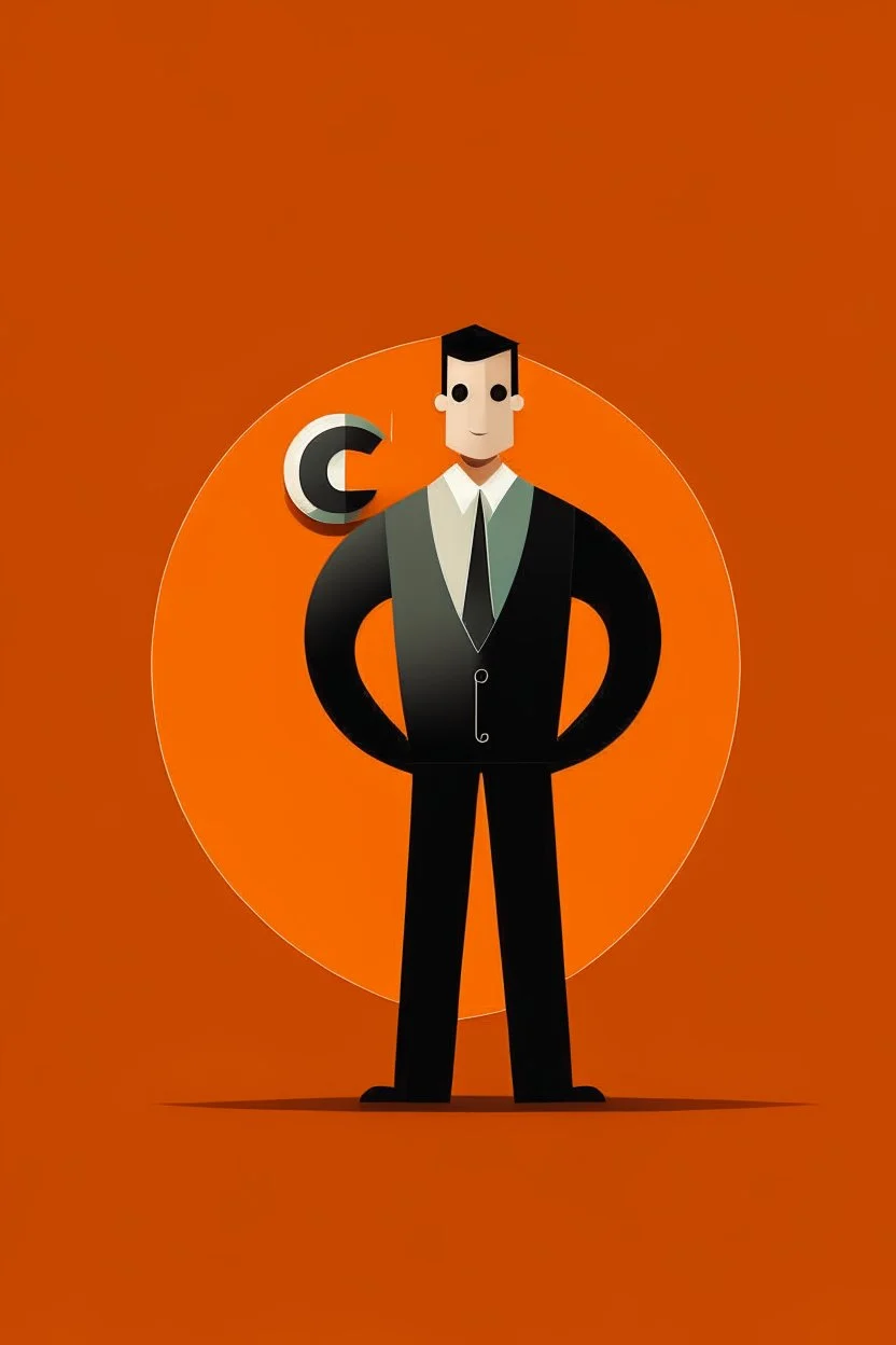 character illustration, standing in front of company logo, in the style of mark hayward of omecca.ca