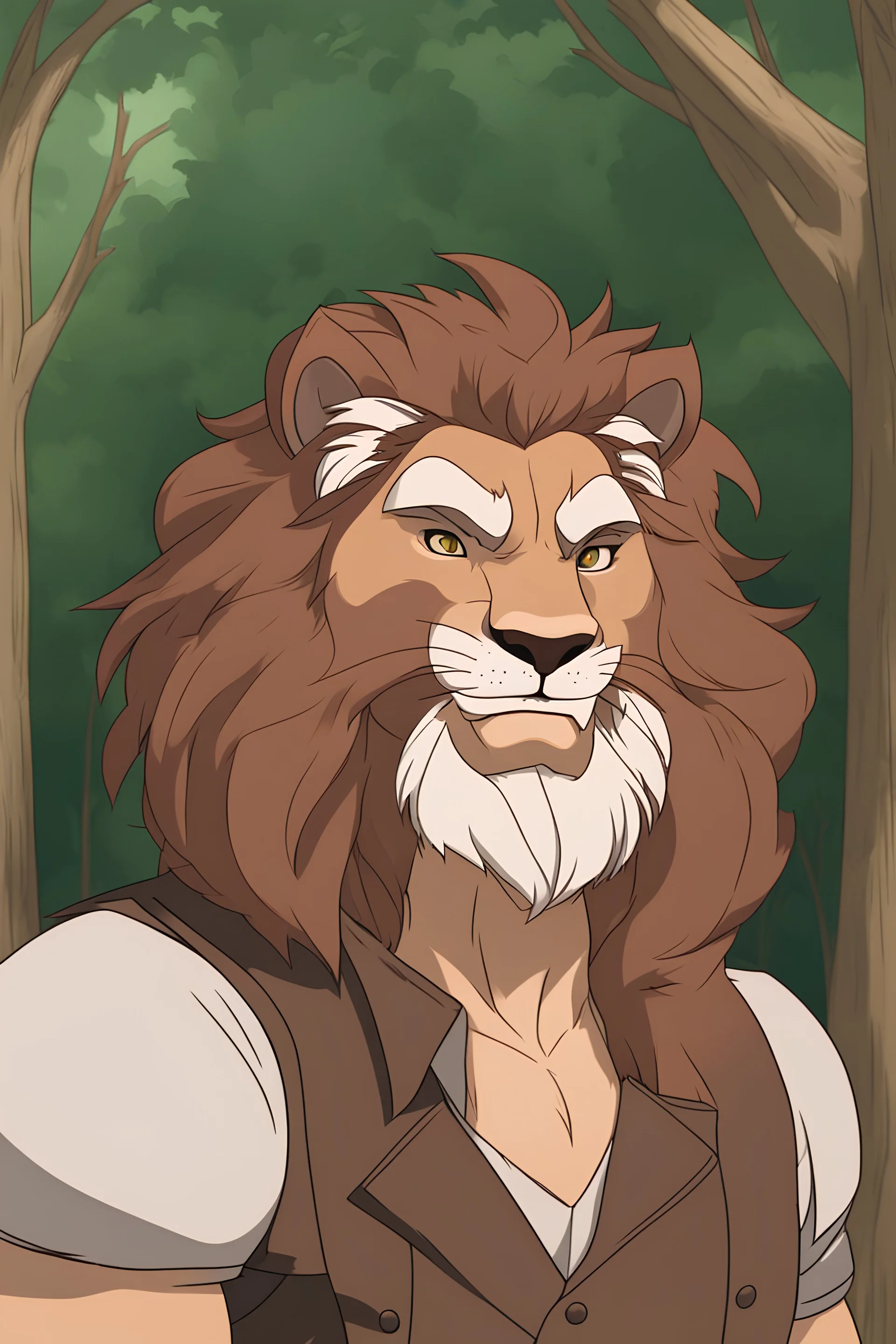 Middle aged man with brown hair, lion's ears and mane. Happy, grinning, proud, wearing leather, forest background. RWBY animation style