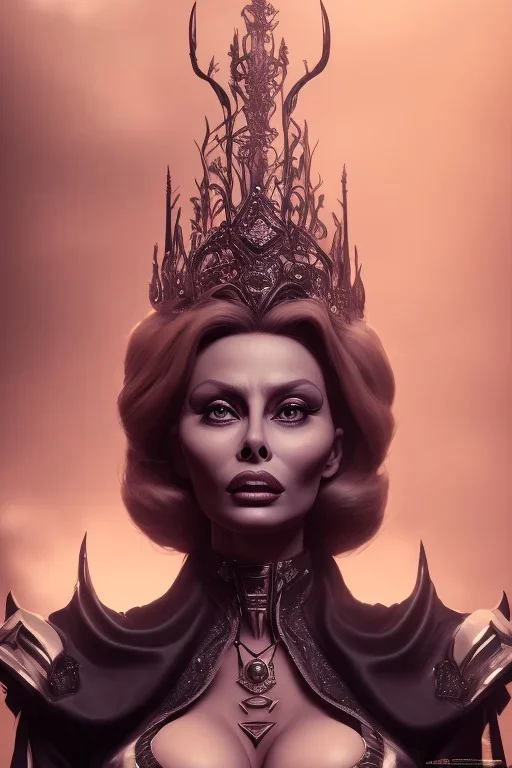 Sophia Loren as evil queen in black leather, cleavage, angry, stern look. character design by cory loftis, fenghua zhong, ryohei hase, ismail inceoglu and ruan jia. unreal engine 5, artistic lighting, highly detailed, photorealistic, fantasy