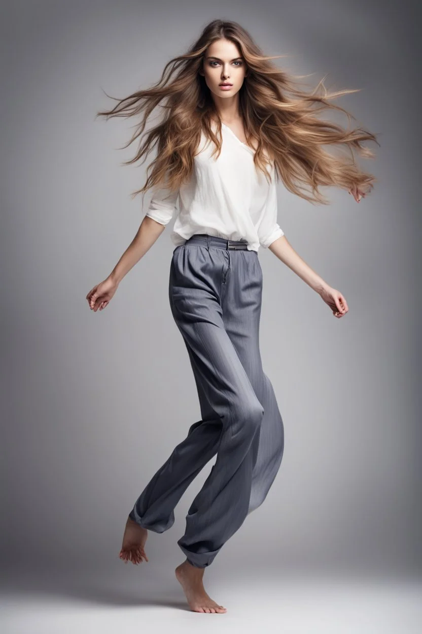 full body portrait of a girl fashion model flowing hair,pretty pants and top, perfect face photo studio lights