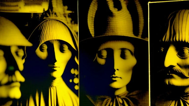 Daguerrotype close up some mysterious figures, odd background, cinematic, Hieronymus Bosch Max Ernst ambient light, by Minicavio Quollati and Marlost Endgulp, Amano, Botticelli, Alphonse Mucha