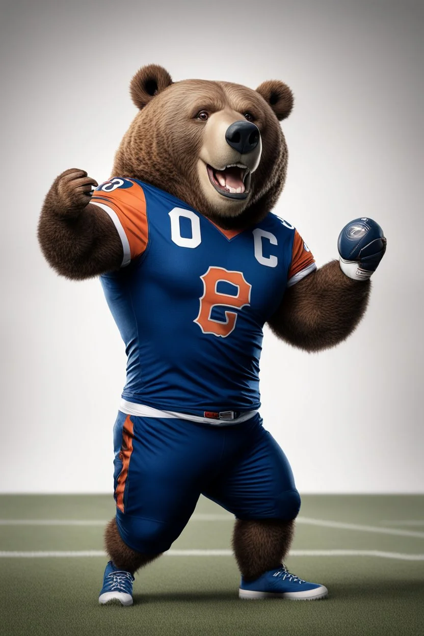 big burly Bear takes a playful turn in a football-themed crossover! Dressed in a Chicago Bears jersey, he stands on the field with a football in hand, a mischievous grin on his face. Instead of his usual magic, he balances the football effortlessly on his finger, ready to bring magic to the game. The scene is set against a white background.