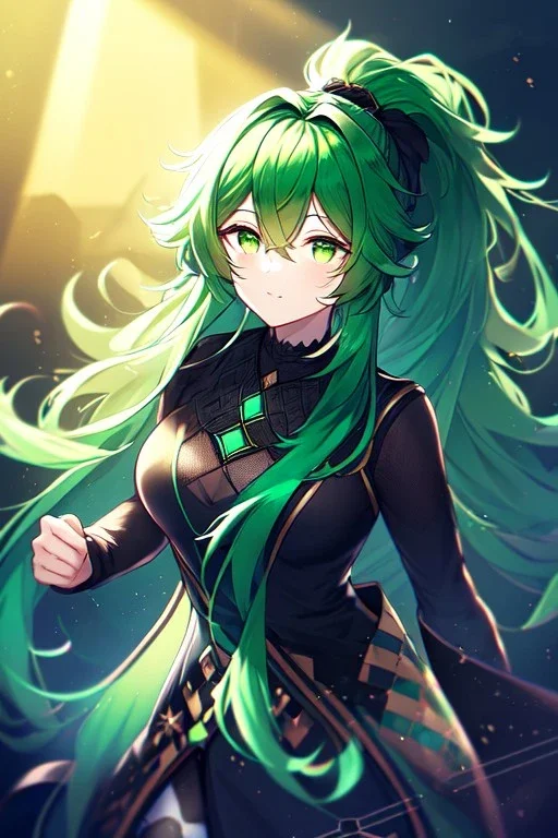 girl, masterpiece, best quality, cinematic lighting, detailed outfit, vibrant colors, perfect eyes, green hair, green eyes, long hair, black stockings, ponytail, messy hair,