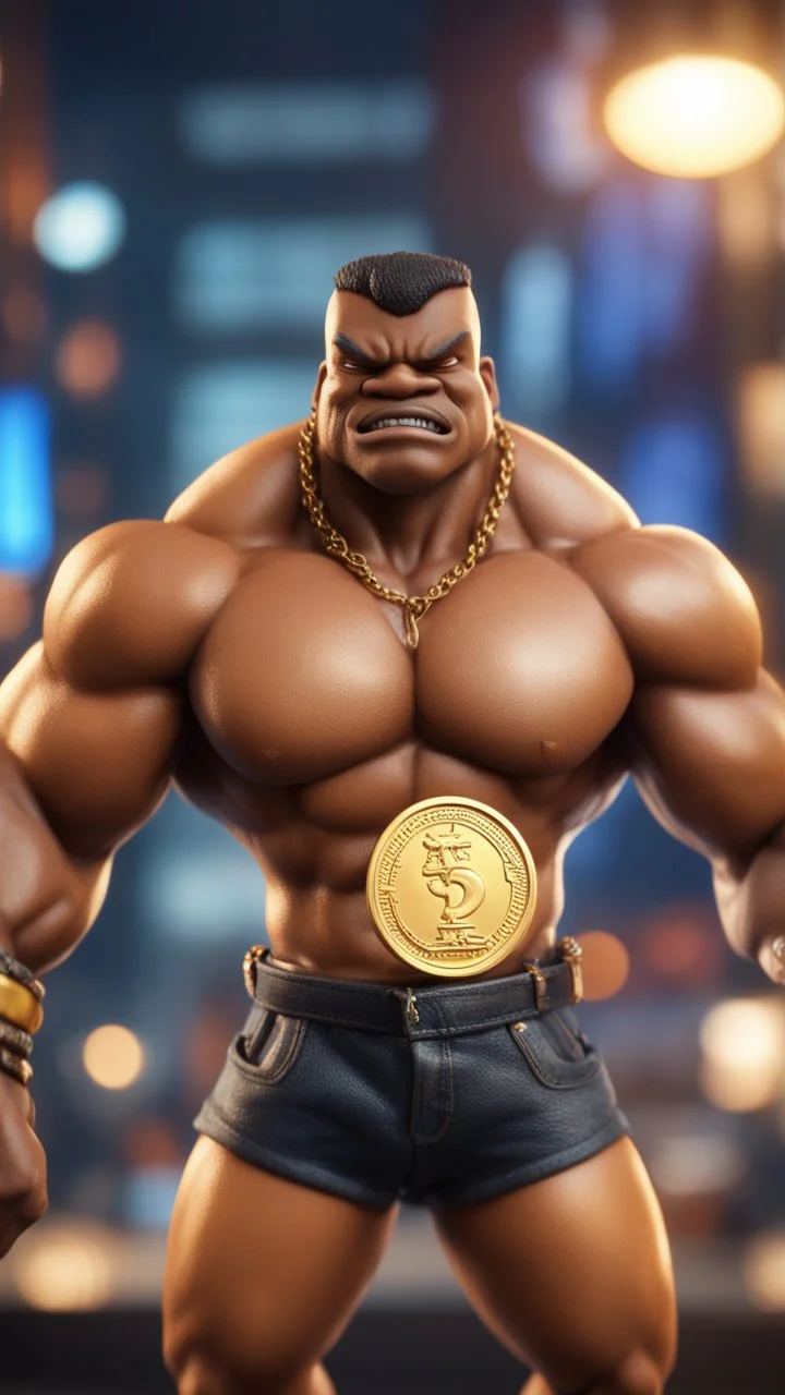 black hunk original Abobo from double dragon holding up a dog sized golden coin with a print of himself ,bokeh like f/0.8, tilt-shift lens 8k, high detail, smooth render, down-light, unreal engine, prize winning