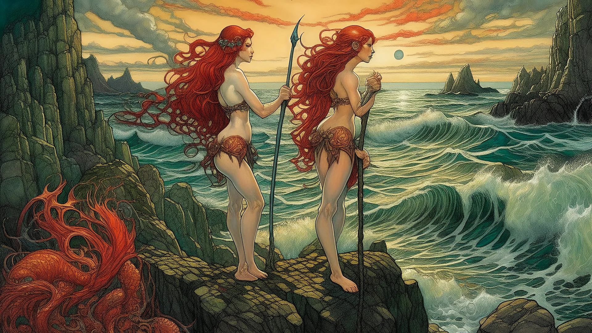 Two nude, red-haired women with long, flowing hair standing on a rocky shore with a stormy ocean in the background. The women are holding spears and appear to be mythical or fantasy figures