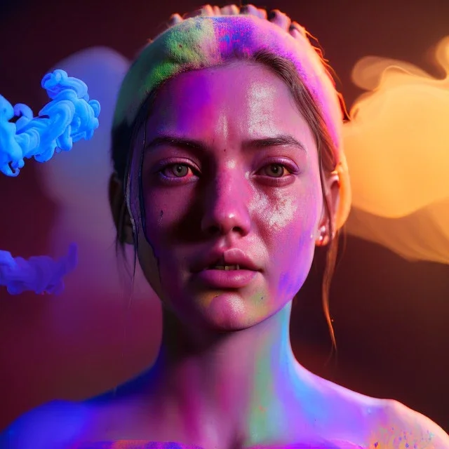 Ultra realistic portrait, color holi festival style, night scene. Naked woman, waist up view, happy, color smoke, highly detailed, concept art, unreal engine 5, god rays, ray tracing, RTX, lumen lighting, ultra detail, volumetric lighting, 3d, finely drawn, high definition, high resolution.