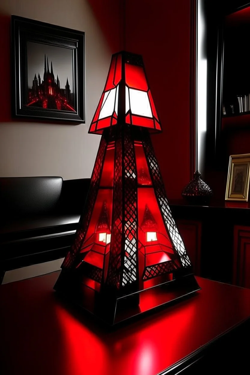 gaming table lamp inspired by avengers stark tower buliding architecture futuristic-modern stlye. piramid form, red and black color scheme