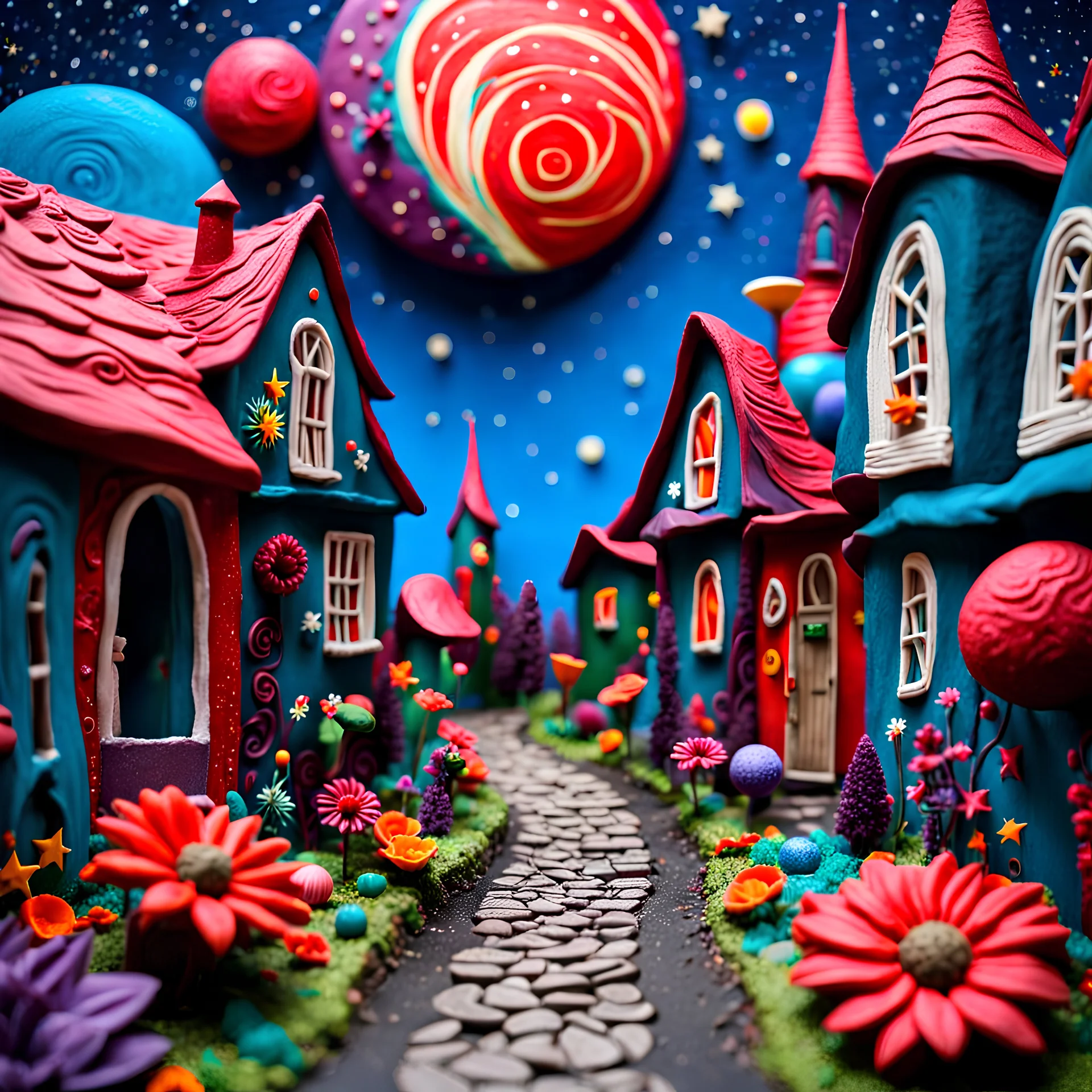 Detailed people, creepy street made of modeling clay, naïve, kh7, village, stars and planets, splimapys, sun, splops, volumetric light, giant flowers, naïve, Tim Burton, strong texture, sgudyut, orero dream, extreme detail, 2mkl, Max Ernst, decal, rich moody colors, sparkles, Harry Potter, bokeh, odd, sbuc