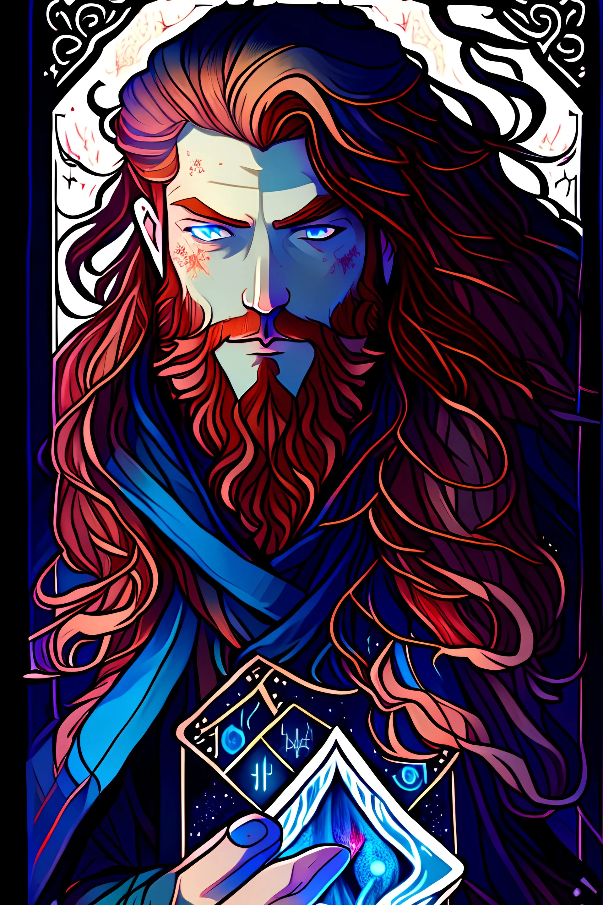 a high quality tarot card of a man in an anime style, the man has long flowing red hair and his eyes are dark blue, he is wizard like with a beard and wearing resplendent mystical robes. Gradient color scheme