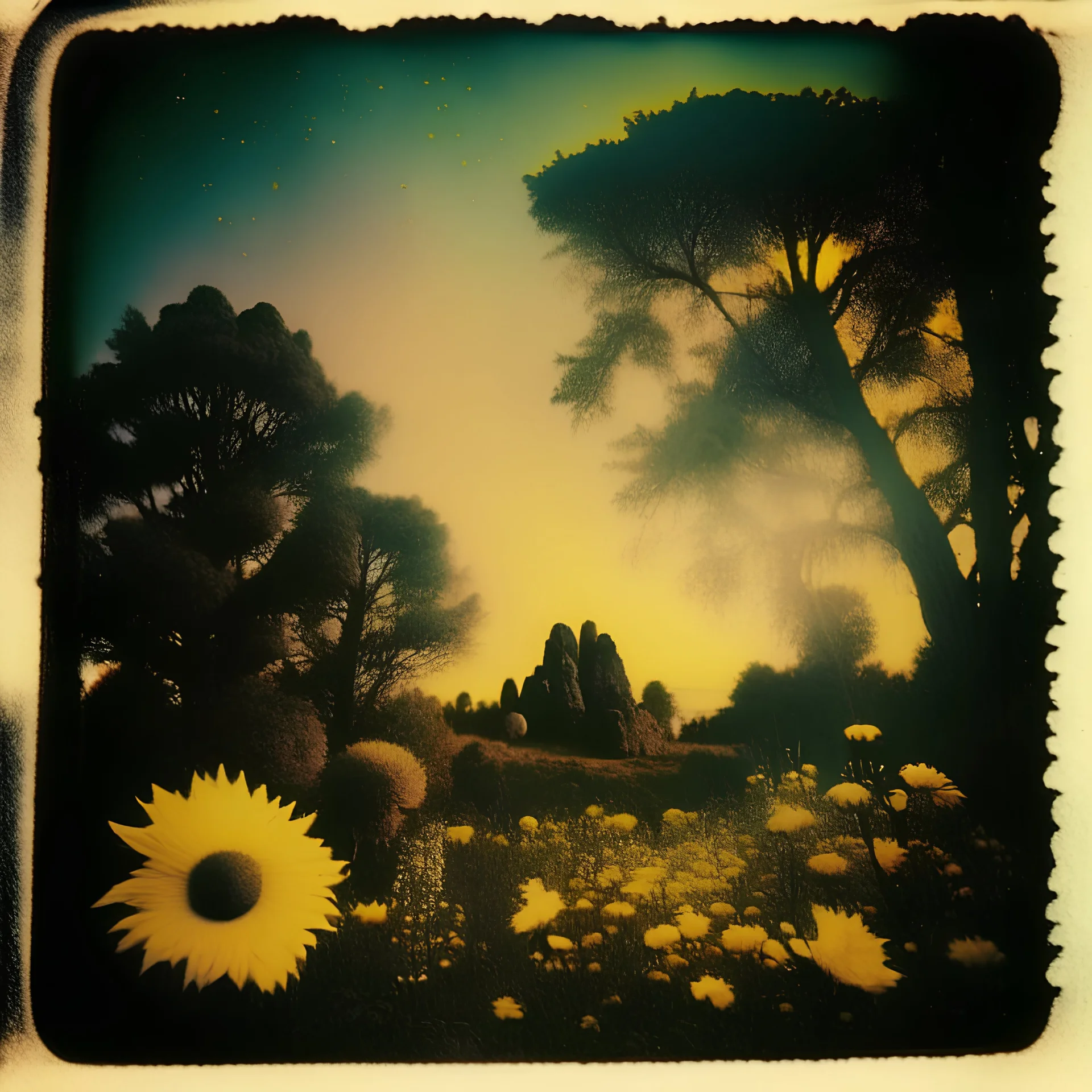 Polaroid photo of a peaceful marvelous landscape, trees, st, flowers, giant sun, very spooky figure, intricate, rock formations, atmosphere of a Max Ernst painting, Henri Rousseau, poetic, Georg Trakl, interesting, a bit appalling, smooth