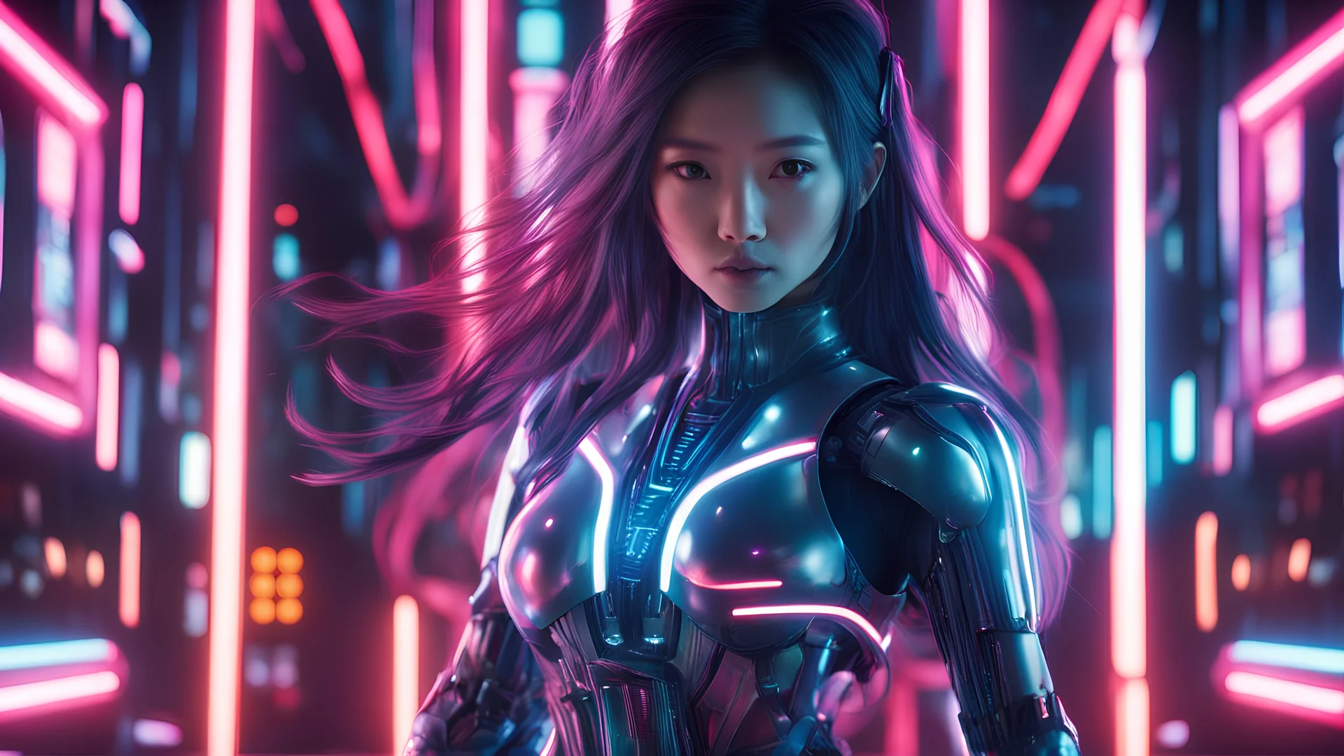 high quality, 8K Ultra HD, full body, possesses a cyber-saber, a fascinating 20-year-old Japanese woman with futuristic beauty who seems to transcend time and space, intimately woven into her very being, enclosed in the cybernetic suit, moves fluidly and precisely, Her flowing hair resembles streams of neon lights, casting a vibrant glow that adds a touch of cyberpunk sparkle to her appearance, Each strand of hair is meticulously crafted with holographic patterns that shimmer and change, creatin