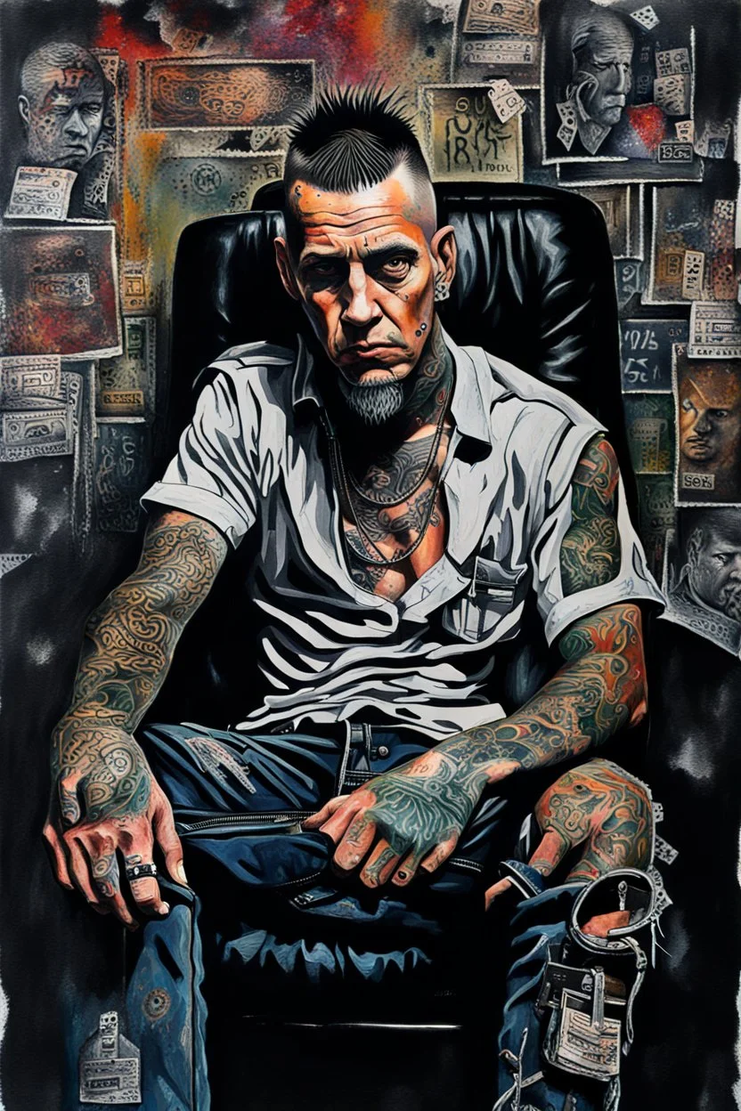 Ultra detailed medium portrait painting of a man, sitting on chair,ex-ganster in jail tattoos, rough look, bold, tear tattoo on face, mascara, evil look, chaos dark background,torn up collage of photo clippings, broken circuitry background, matrix effects, punk visual art, punk art aesthetic, graffiti art, pop surrealism, collage art, cluttered paint glitches