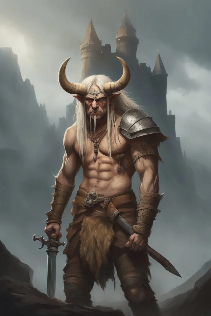 an extremely muscular 18-year-old Cotar the barbarian with tattoos, battle-scarred face, and long, shoulder-length bleach-blonde hair wearing leather shoulder and chest harness and armor, loincloth and a steel war helmet with horns and a buffalo hide brim, standing in front of a giant, skull-shaped castle raising the sword in his hand to the sky, 1200ppi, 2000dpi, Ultra-HD, hyper realistic, photorealistic, lifelike, professional grade photography, digital art