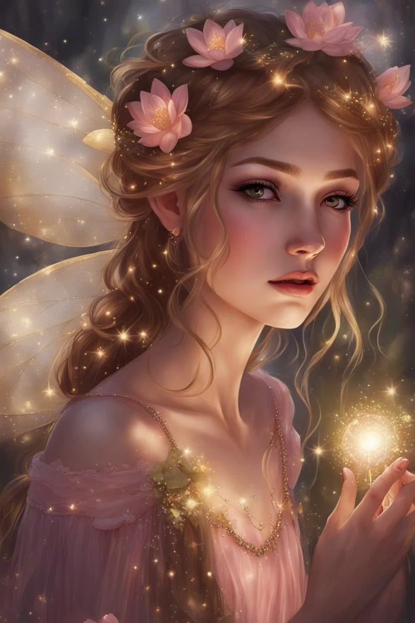 Blonde hair ,Pink dress,Sparkling fairy wings,Very long golden hair,Fairy crown,pointed ears,elven ears,fairy wings,water lilies,sparkling,glittering,flowers,blossoms,golden crown,light pink dress