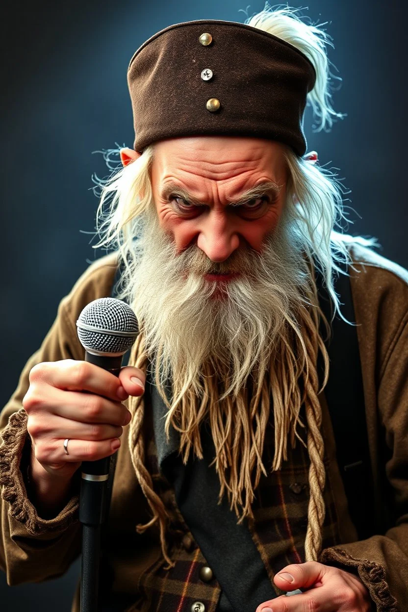 A old man in old boring costume, lookin very angry and bitter, he is holding a microphone and he was a member of an old punk music group before