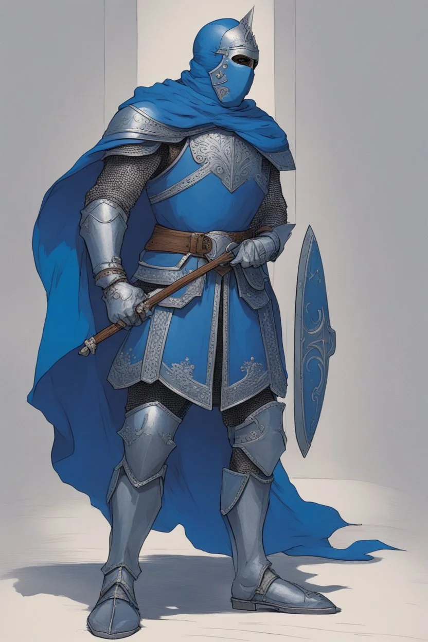 Knight wearing blue armor and blue cape with blue mask, holding a sword and shield