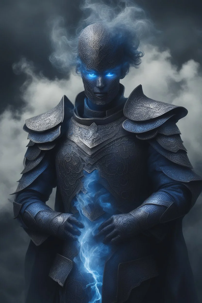 blue smoke in a shape of humanoid of colour of a storm wearing a scalemail armor