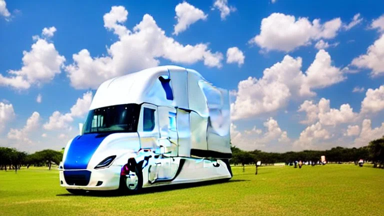 A Tesla semi-truck is parked, at Chichen Itza, in Mexico. CINEMATIC. WIDE ANGLE LENS.