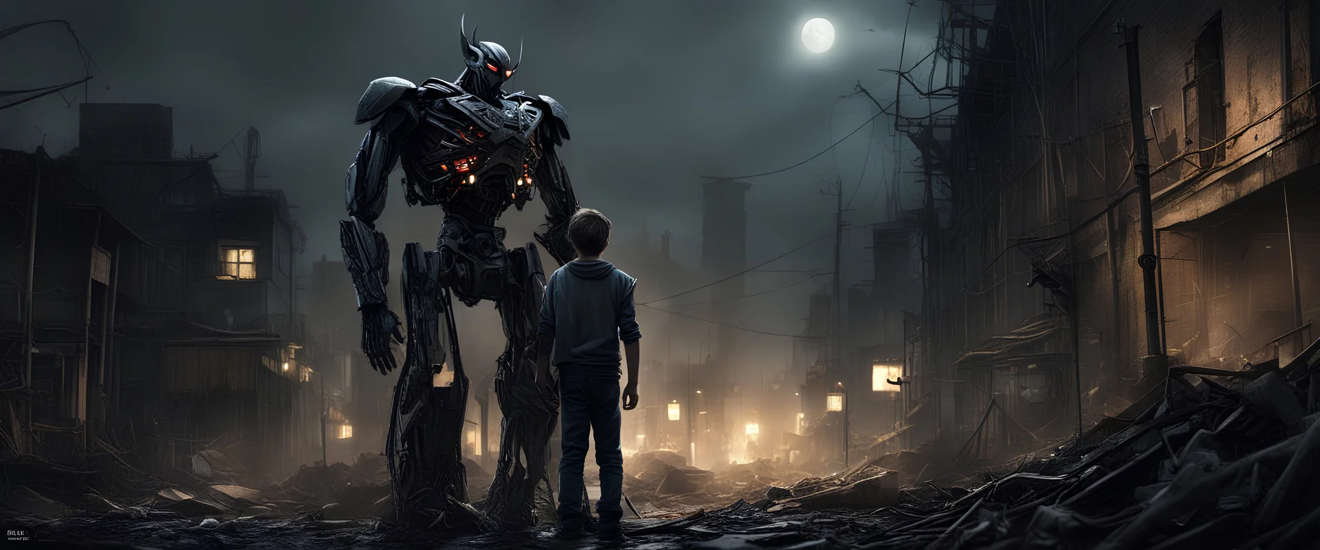 photorealistic. its a dark night. father and son, whilst exploring find an broken, evil cybernetic supermind/robot.