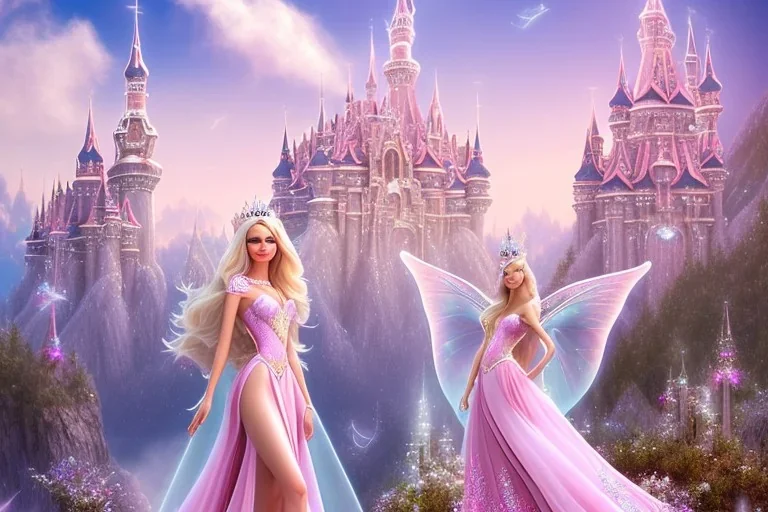 castle in background, beautiful, soft, big smiling, straight and long blonde hair, dewy and shiny atmosphere, diamond crown, long fairy wings in the back, full head, pink veil clothes