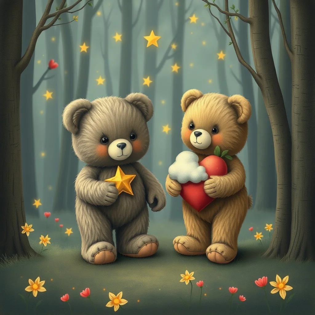 star-buddy and a heart-buddy with clouds in the forest-of-feelings, vintage care-bears style (Elena Kucharik)