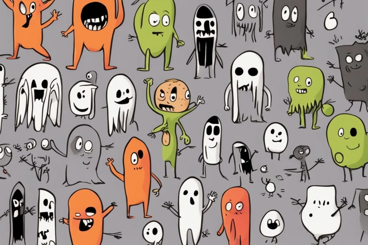 make a bunch of simple hand-drawn spooky and cute cartoon characters with bodies arms, and legs I could draw and make them all different