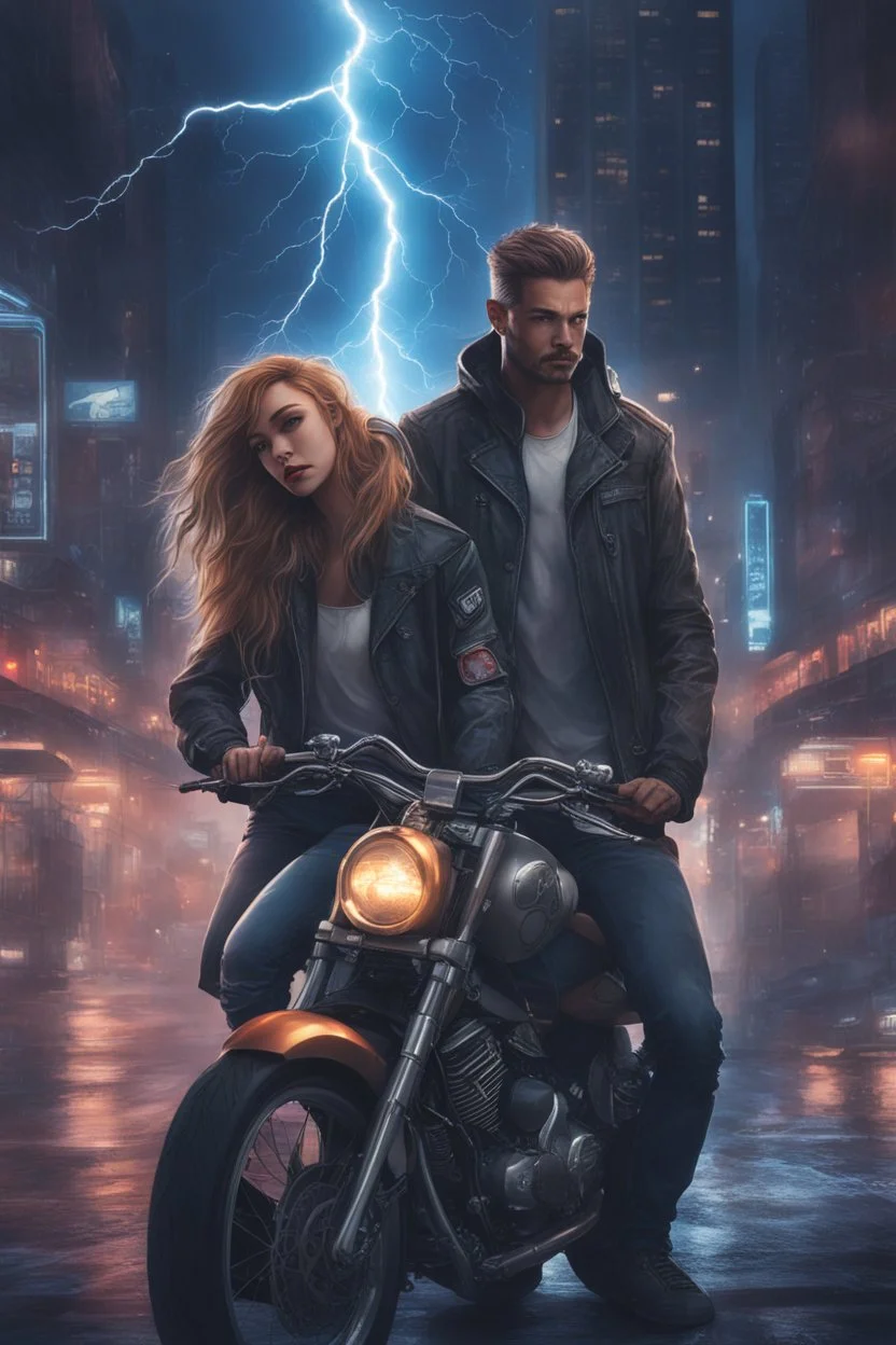 Science fiction, cyberpunk, city street, couple girl and guy, together, love at first sight, forbidden love, storm, lightning, motorcycle