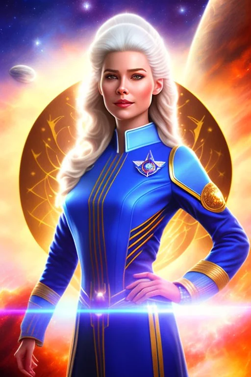 young cosmic woman admiral from the future, one fine whole face, large cosmic forehead, crystalline skin, expressive blue eyes, blue hair, smiling lips, very nice smile, costume pleiadian,rainbow ufo Beautiful tall woman pleiadian Galactic commander, ship, perfect datailed golden galactic suit, high rank, long blond hair, hand whit five perfect detailed finger, amazing big blue eyes, smilling mouth, high drfinition lips, cosmic happiness, bright colors, blue, pink, gold, jewels, realistic, real