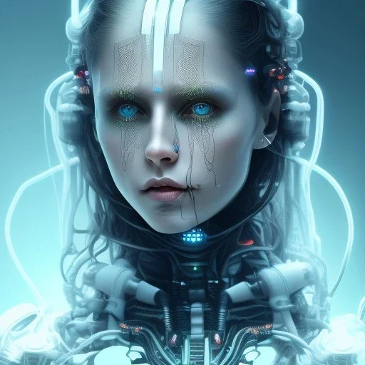 singer Danish MØ face, lumen lighting, led lights, <hanging wires> many wires connected to the head<perfect pupil> <cyborg> <garage> <sci-fi futuristic>