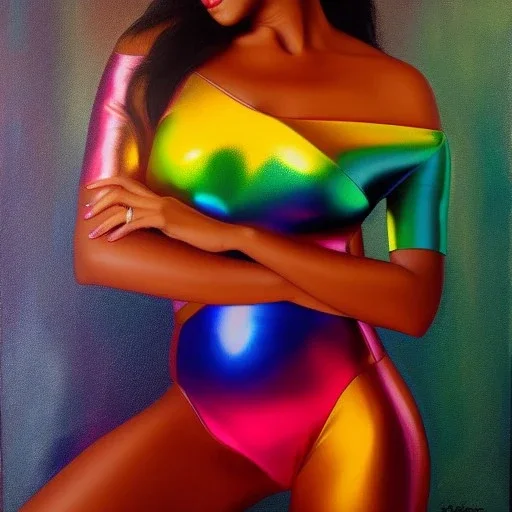 Full body portrait, painting, medium shot lady rainbow metallic skin