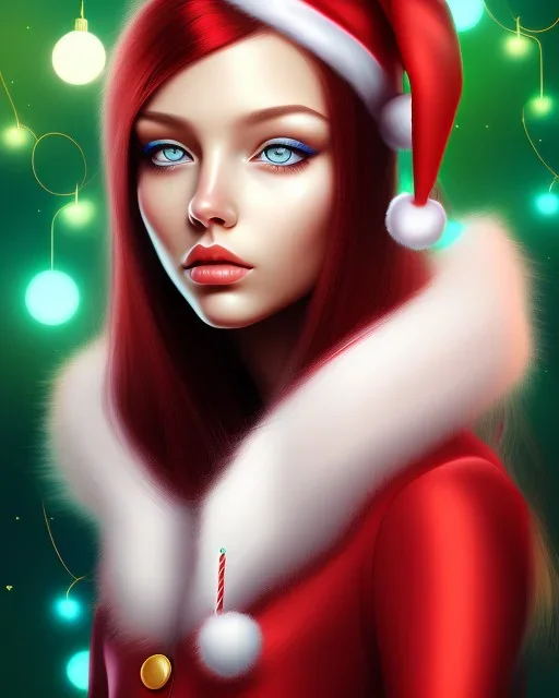 girl in Santa dress, close up portrait, Christmas colored hair