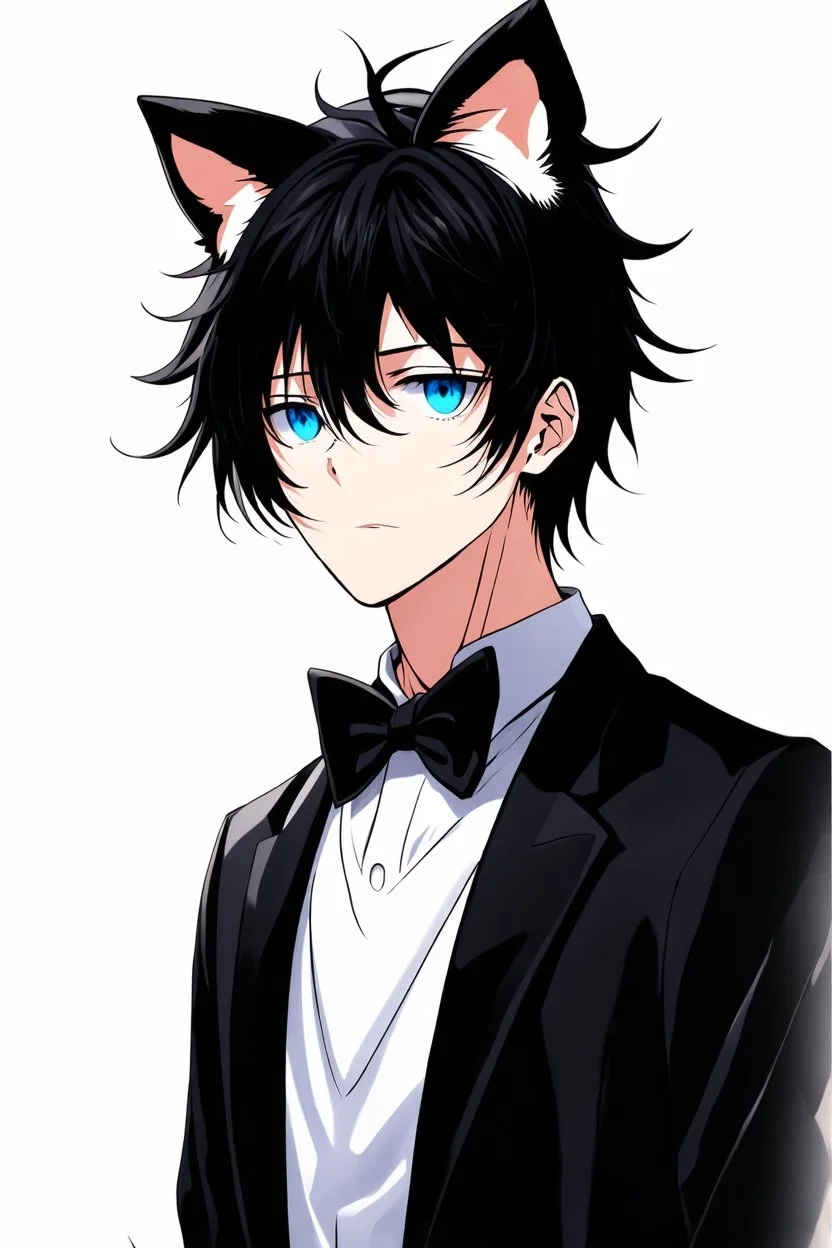 An attractive man with bright blue eyes, messy black hair, cat ears on his head, dressed like a butler, realistic anime