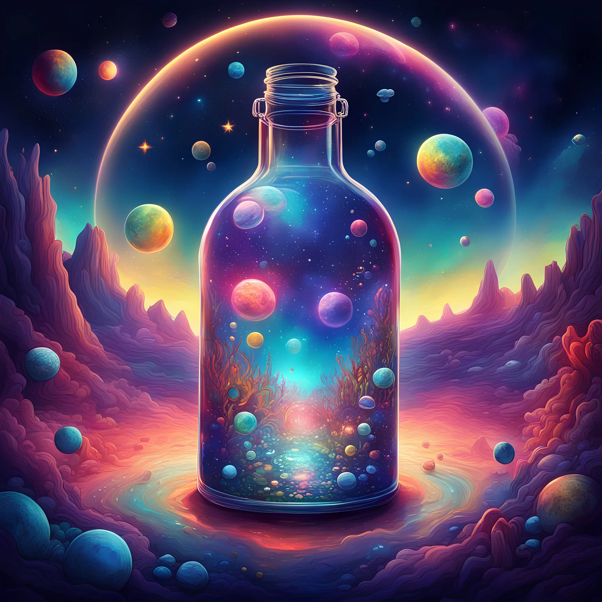 Dive into the depths of your imagination and bring to life a diverse and creative space illustration. Imagine an old glass bottle floating in the vastness of space, surrounded by a vibrant and detailed neon landscape. The background should be filled with stars and planets, adding a touch of wonder and mystery to the image. peaceful, symmetrical, hyper-detailed, sharp, high resolution, high quality, 32K, Ultra realisti, HD, super detailed, line art, abstract style