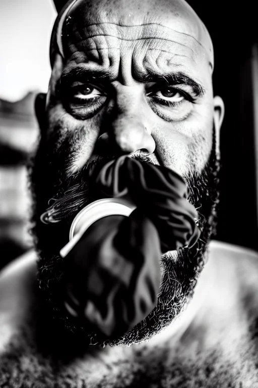 close up photography, dirty burly chubby Italian strong 48 years old homeless man, spitting milk from open mouth, dripping on the beard, with dirty tank top, emotional eyes, manly chest, photo, Canon EOS, lens 35mm, natural lights, 8K, in the morning