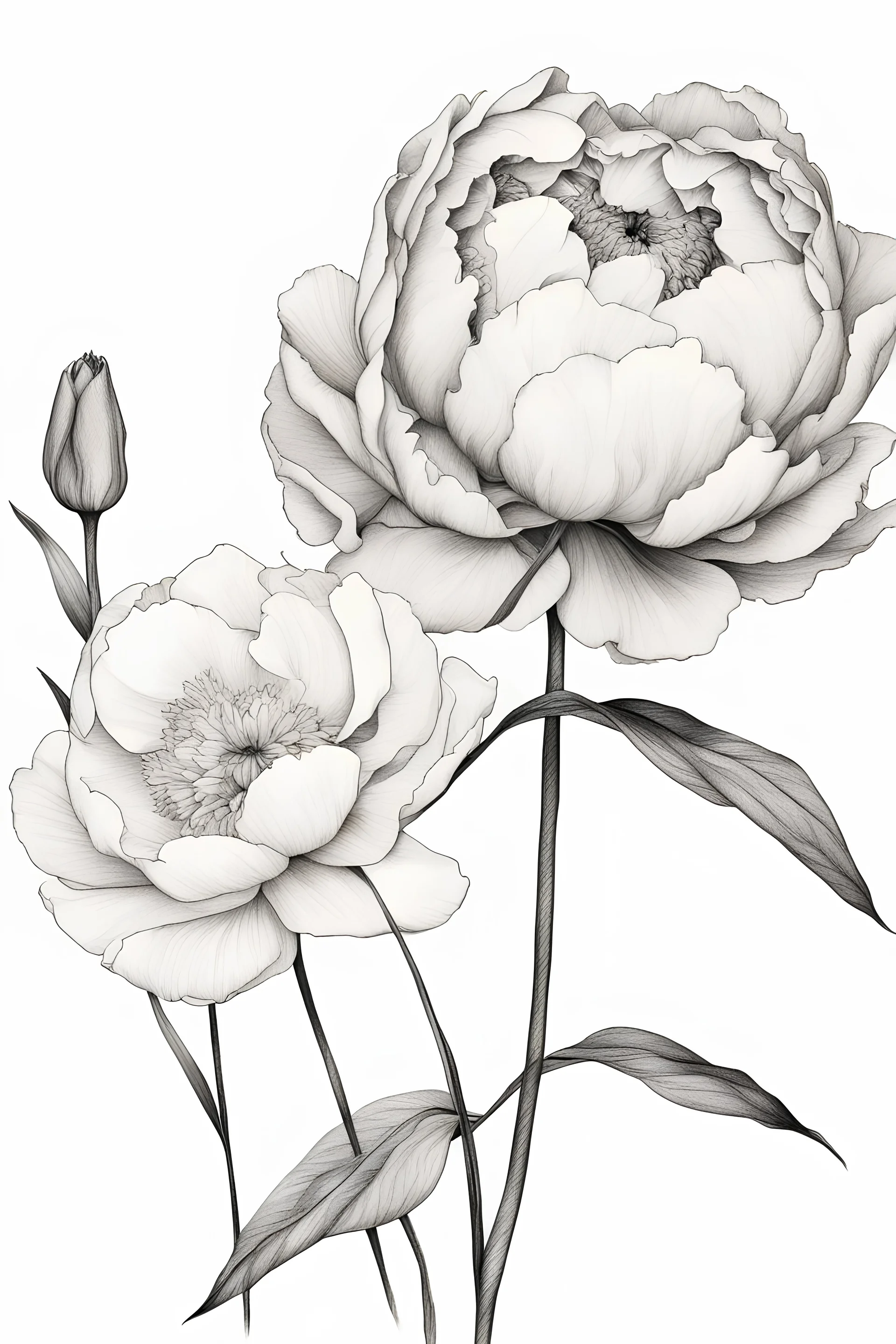 A ink drawing modern realism in fine line of a minimalist peony flower and one tulip flower black ink on white background