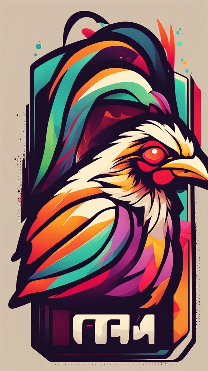 Design a vibrant, gaming-influenced logo of a chicken, featuring bright colors and a dynamic lighting scheme. Incorporate abstract shapes and textures to create an eye-catching composition.