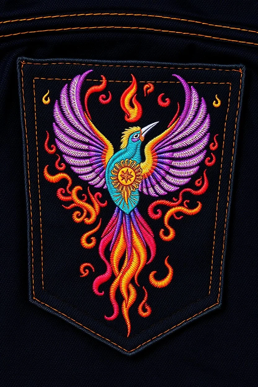 pocket myriad sacred flame bird rocket embroidery