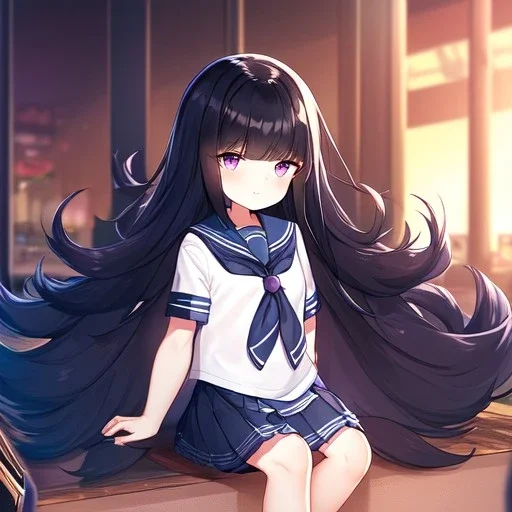 Clear focus, High resolution, cute, cartoon, black long fluffy hair, chopped bangs, wearing a sailor uniform, sitting down, purple eyes
