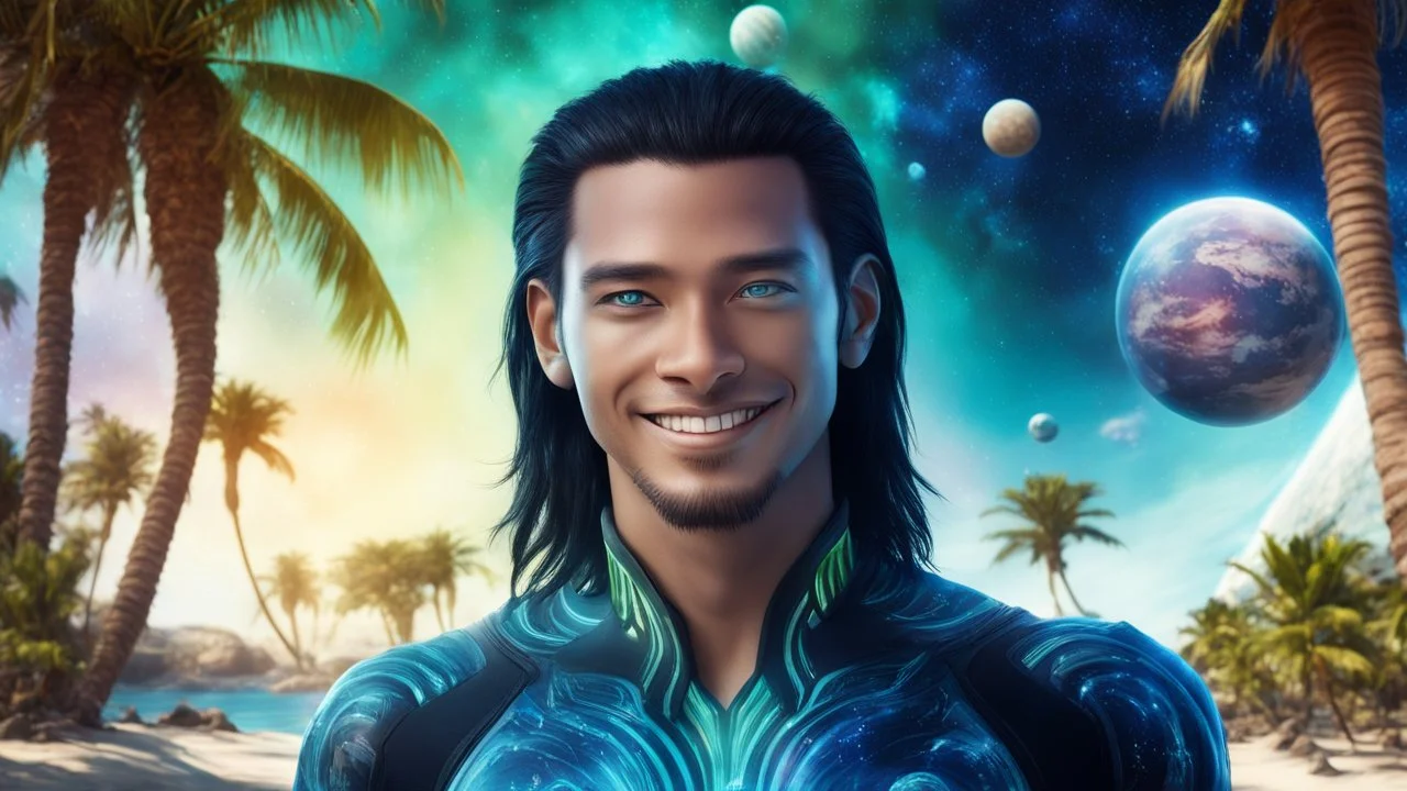 beautiful gorgeous young man na'vi with long hair, Avatar, blue skin, two small ears, green eyes, black hair, in cosmic suit, galactic ambiance, medium pointy goatee , smiling, with spaceship and planets and palm trees and clear crystaline cosmic beach in background