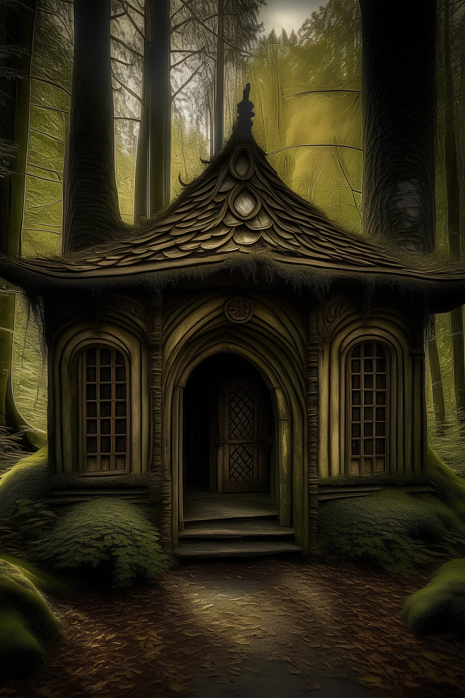 A cottage in the middle of a wood and on the roof is carved "The portal in the big woods"