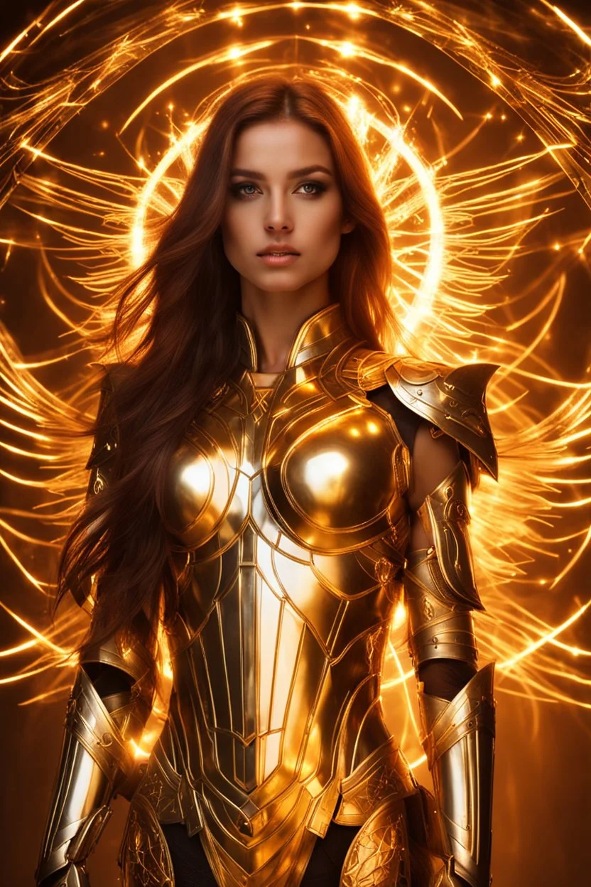 Photograph pretty Angel woman armor long hair stand face front in impact picture,translucent and glowing metallic patterns,glowing metal objects hovering in the air and surrounding him,Electric arcs and sparks,flow of energy,translucent magnetic lines,golden and shimmering light effects