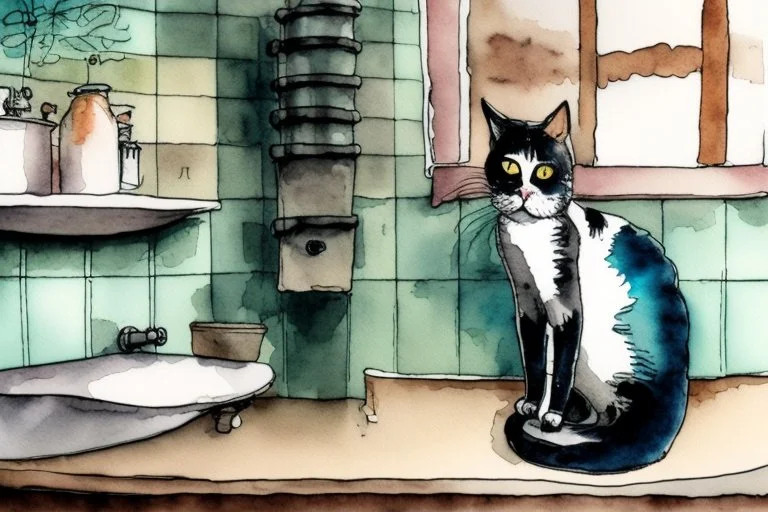 Cat on the boiler in the bathroom, watercolor and ink