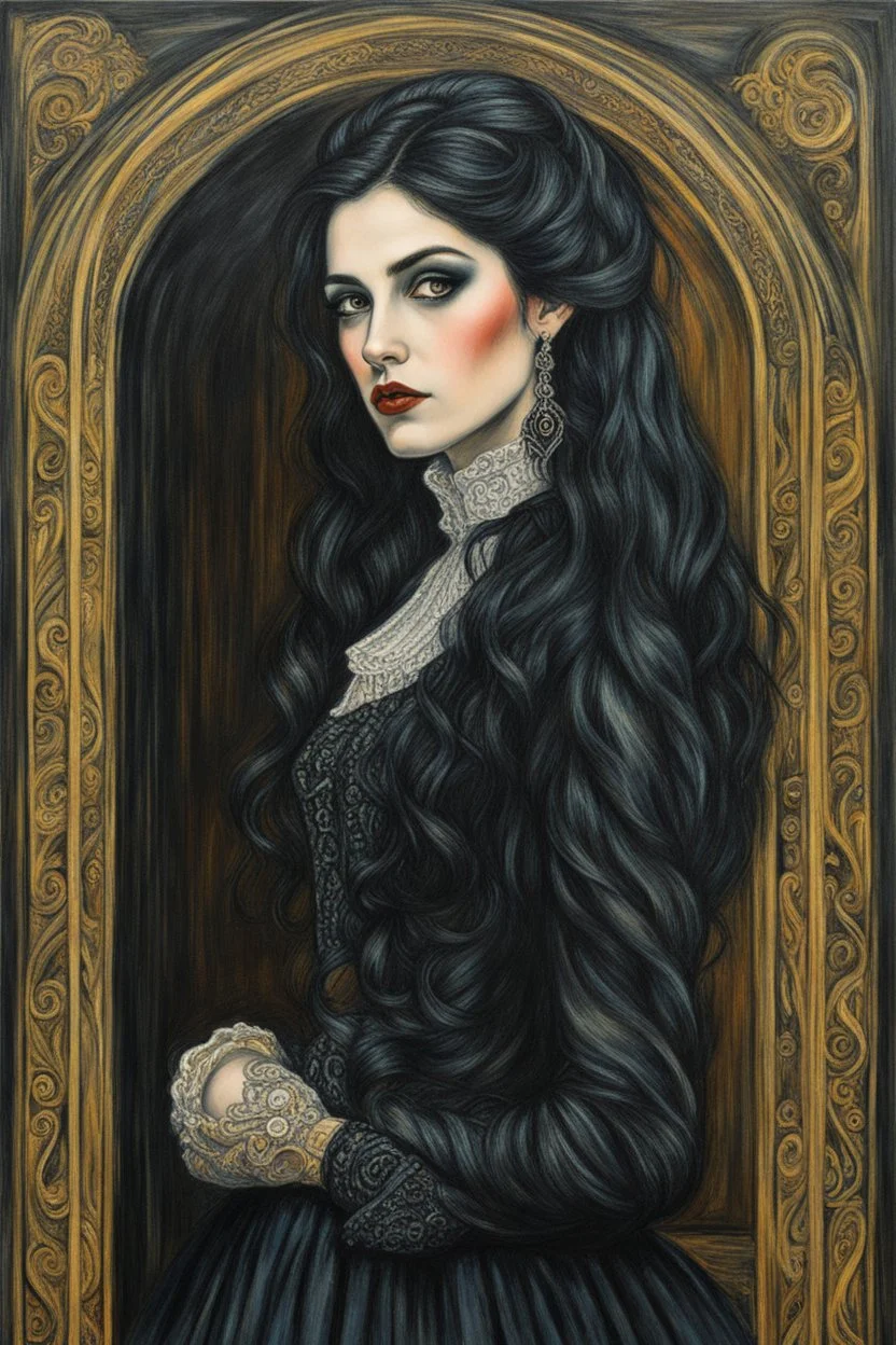 create a 3/4 profile, full body oil pastel of a dark haired, savage, ornately dressed, gothpunk vampire girl with highly detailed , sharply defined hair and facial features , in a smokey 19th century train station in the Pre-Raphaelite style of JOHN WILLIAM WATERHOUSE