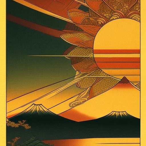 Ukiyo-e Style , mount fuji, sun set