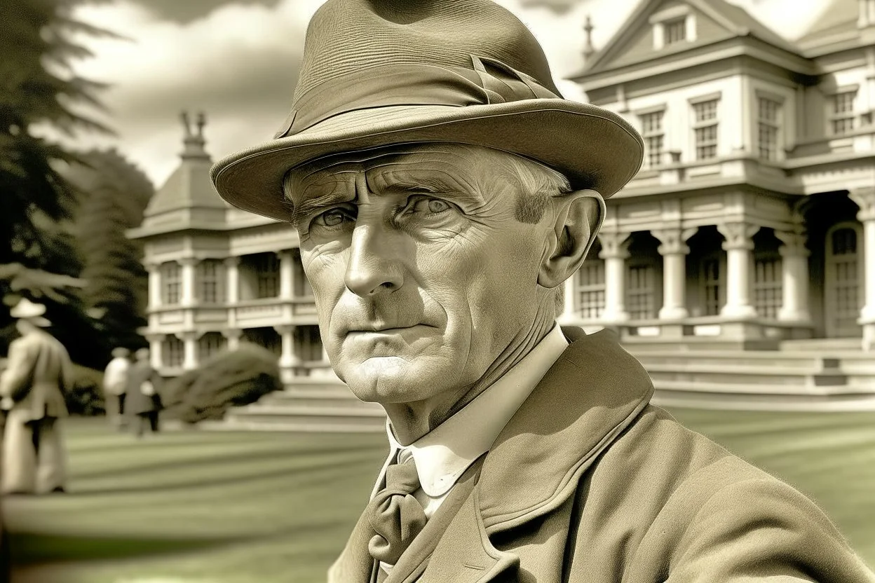 ww1 archeologist talking close-up standing up looking to the camera, mansion hall background, heterochrome eyes