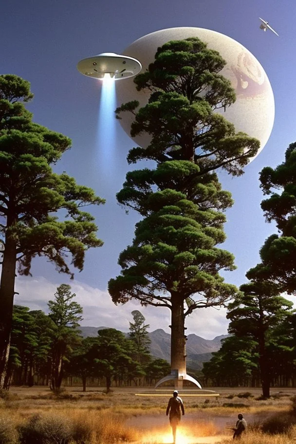 year is 1966 concept art, by Asaf Hanuka, by Weta Digital, Electric Colors, Screen Space Global Illumination, in a symbolic and meaningful style, a bunch of school kids see ufo flying over tall pine trees