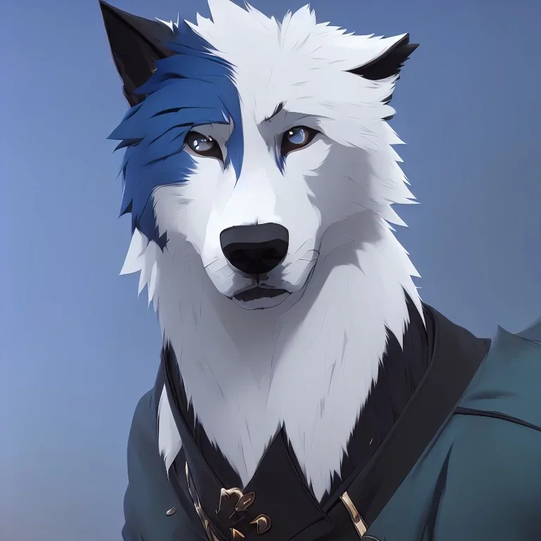 wolf furry digital art anime style male white fur blue hair