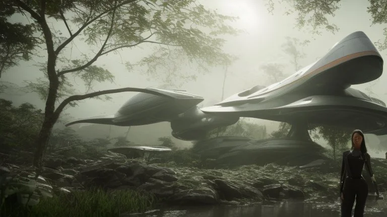 futuristic woman standing next to a large spaceship, in a jungle clearing