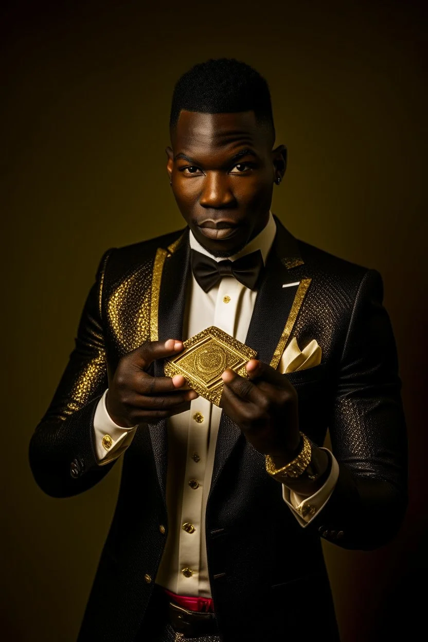 Dashing black man in a suit with gold trimmings. He's holding a deck of cards.