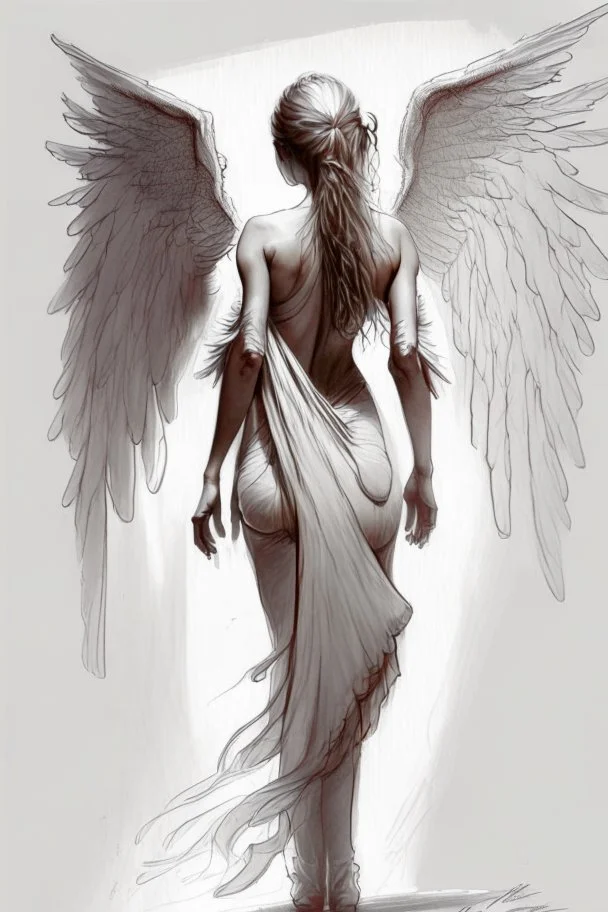 full body woman angel from back, wings coming from back of her shoulders, bun haired angel wearing long tunic ultra realistic drawing